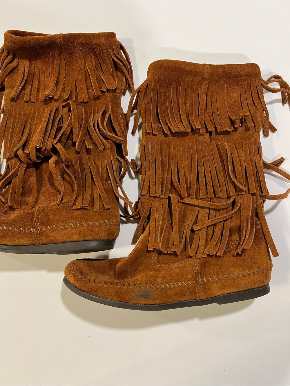 Minnetonka - 7, Fringe Suede Boots - Brown, 12” mid calf, hippie, boho